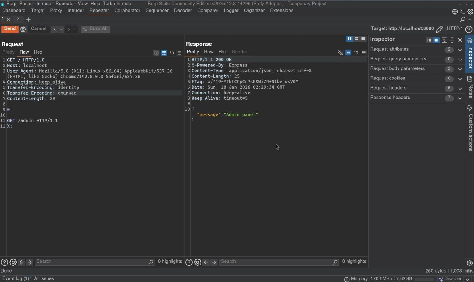 Burp Suite showing duplicate TE header smuggling with admin panel response